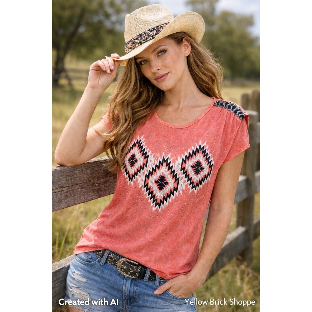 Cowgirl Legend Embellished Coral‎ Pink Tee S